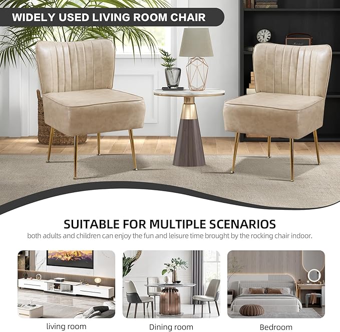 PU Leather Accent ChairsModern Armless Living Room Slipper Chair Wingback Side Chair Comfy Single Sofa with Gold Metal Legs Chair for BedroomSmall SpaceGuest RoomLight CoffeeBeige