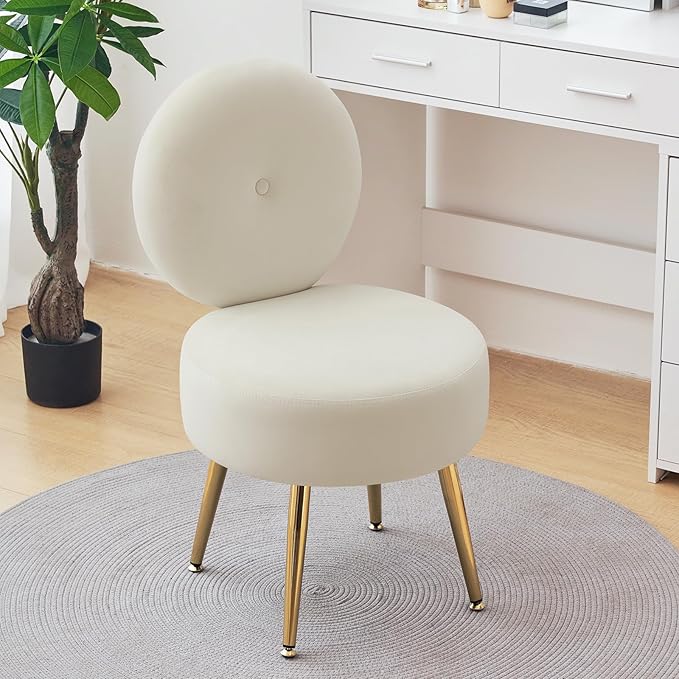Furniliving Armless Vanity Chair for Makeup Room Velvet Vanity Stool with Back Living Room Chair with Solid Metal Legs for Bedroom Study Room Vanity(Khaki)