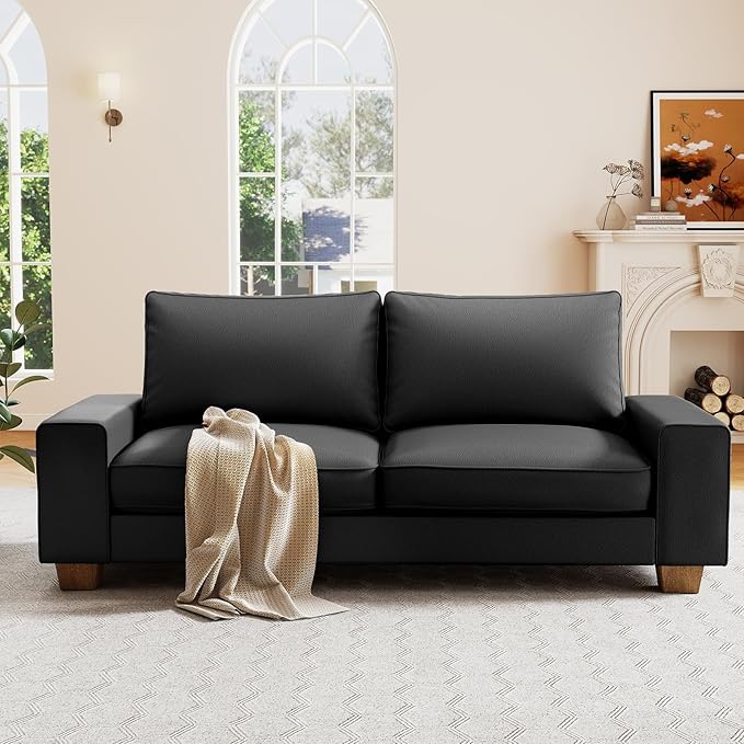 Modern Faux Leather Sofa Large Couch with Spring Cushions &amp Solid Wood Frame Easy-to-Clean Removable Cover Spacious Living Room Family Furniture Extra Long Couch (88.58 Black)