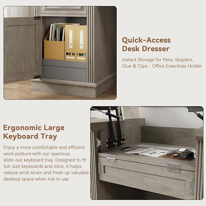 Farmhouse 57 Lift Up Executive Desk with 5 Drawers and Charging Station Wood Home Office Computer Desk with File Cabinet Storage Keyboard TrayHeadphone Hook for WorkStudy (Grey)