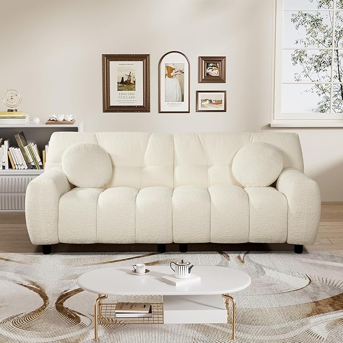 Boucle Cloud Sofa Couch Comfy Deep Seat Sherpa Couch 72.8 Upholstered Cozy Teddy 2 Seat Marshmallow Couches Oversized Loveseat Sofa for Living Room Bedroom Cream White