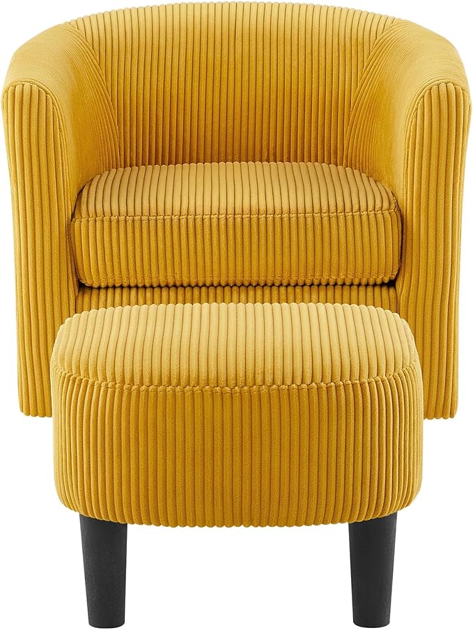Corduroy Swivel Accent Chair with Ottoman Round Barrel Chair with Armrest Comfy Reading Chair for Living Room Bedroom Office (Yellow)