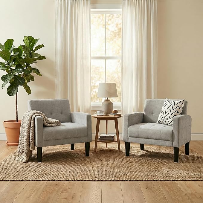 TYBOATLE Accent Chair Sets of 2 Living Room Chairs Cozy Tufted Mid Century Modern Chairs with Arms for Bedroom Comfy Reading Arm Chair Small Chairs for Small Spaces Living Room Office (2 Light Grey)