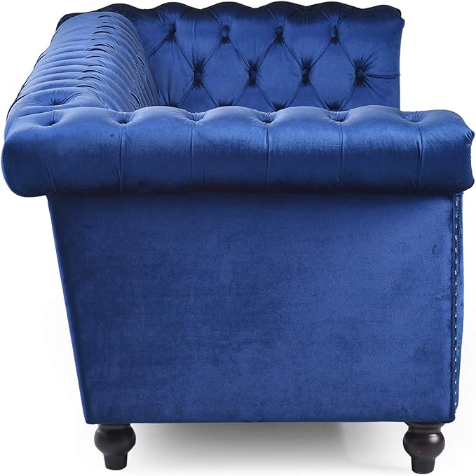 GDFStudio Noble House Parkhurst Tufted Chesterfield Velvet Sofa in Midnight Blue and Brown