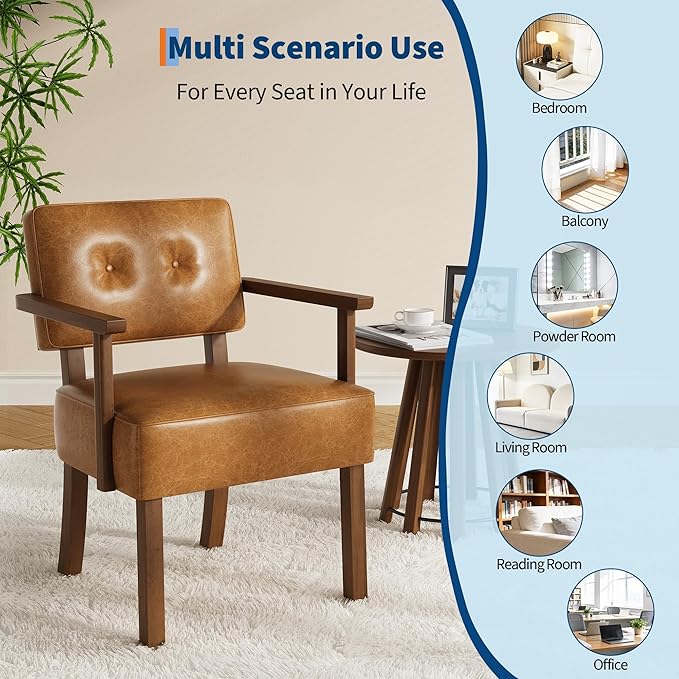 GarveeHome Faux Leather Accent Chair Mid-Century Modern Armchair with Button Tufting Reading Leisure Chair with Wood Frame for Living Room Brown