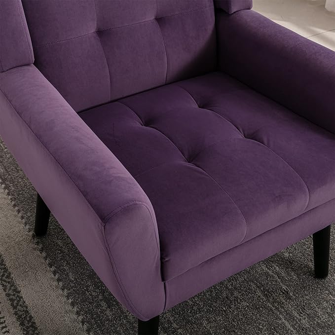 SSLine Velvet Accent Arm ChairMid-Century Modern Upholstered Wingback Single Sofa Armchair Club Chair with Solid Wood Legs Thick Cushion for BedroomReadingLiving Room Chair