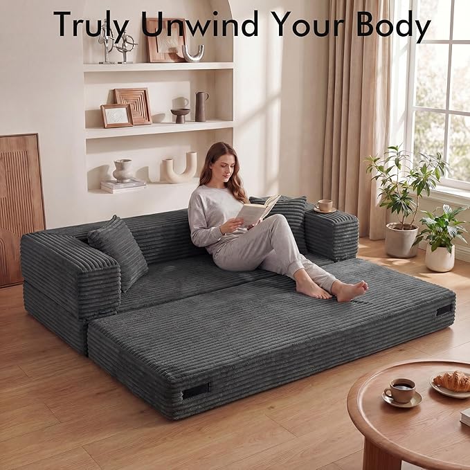 78.8 Convertible Sofa BedFuton Boneless CouchFolding Pull Out Futon Sofa (Deep Gray) | Convert to bed Storage Pocket No Assembly Corduroy Fabric Family size Ease of assembly