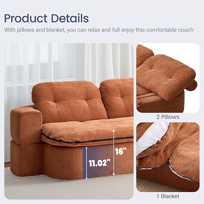 78.74 Convertible Sofa Bed Folding Loveseat Sleeper Sofa 2 in 1 Chenille Floor Couch Bed Foam Compressed Sofa with Pillows &amp Blanket for Living Room Apartment Studio Office (Brown)