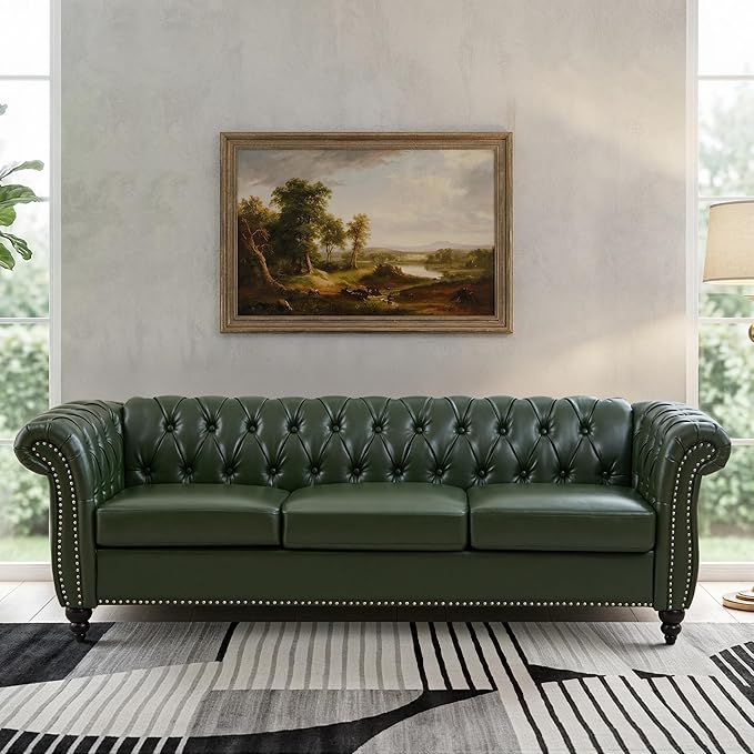 AVZEAR 84 Chesterfield Sofa Vintage Green 3-Seater PU Leather Couch Mid-Century Modern Faux Leather Sofa Button Tufted Back with Rolled Arms for Large Living Room Apartment Green