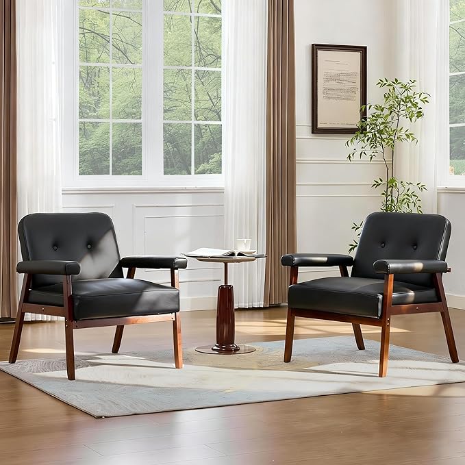 JIASTING Accent Chairs Set of 2 Black Leather Chairs with Solid Wood Frame Tufted Small Mid-Century Modern Wooden Arm Chair Comfy Office Reading Armchair for Living Room Bedroom (2)
