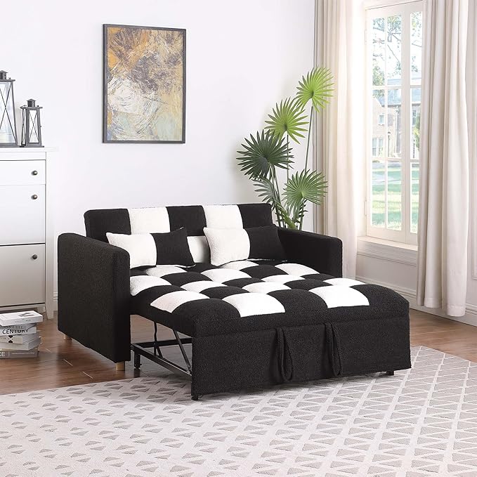 Loveseat Sleeper Sofa Bed Pull Out Couch with Adjustable Backrest and Soft Teddy Fabric Deal for Living Room and Small Spaces Black and White
