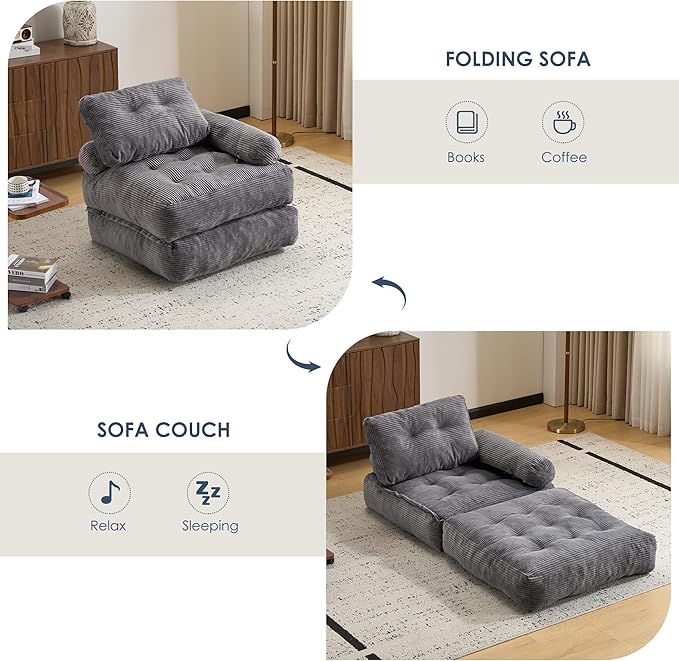Folding Sofa Bed with ArmrestConvertible Sleeper Chair for Adults Folding Sofa Bed Foam Filling Couch with PillowSleeper Chairs Single Size Floor MattressGrey