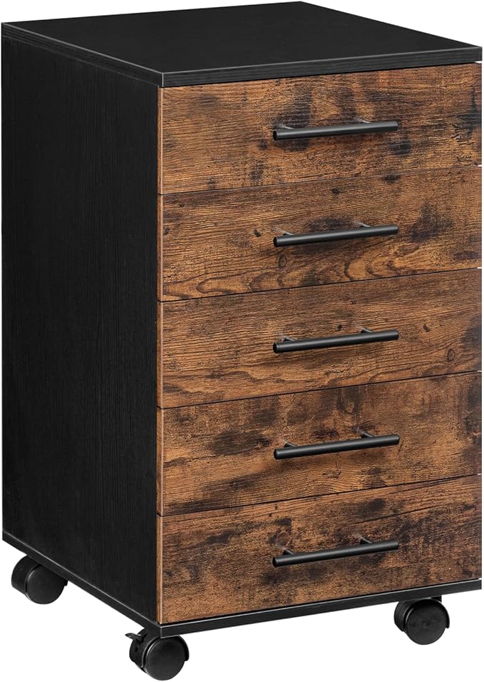 HOOBRO 5-Drawer File Cabinet Office Filing Cabinet with Drawers Wooden Mobile Storage Cabinet with Wheels for Makeup Home Office Easy Assembly Rustic Brown BF05WJ01G1