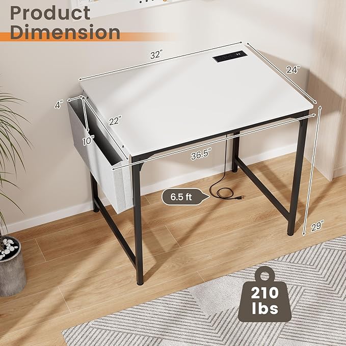 COSTWAY Home Office Desk 32 Inch Computer Desk with Recessed Power Strip Storage Bag &amp Headphone Hook Wide Desktop Modern Computer Workstation Writing Table for Home Office (White + Black)