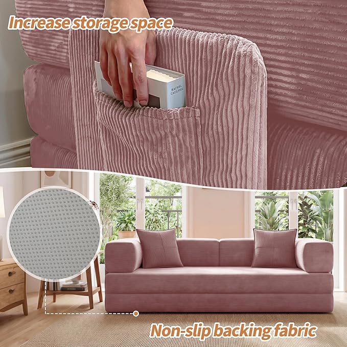 78.8 Convertible Sofa Bed with Armrest Pillow 4-in-1 Sleeper Couch Bed for Livingroom Modular Corduroy Boneless couches No Assembly (Pink)