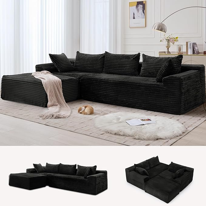 110 L-Shaped Modular Sectional Sofa with Chaise Boneless Comfy Corduroy Fluffy Couch with Deep Seat and Side Pockets Flexible Module Combination for Living Room No Assembly Side Pockets