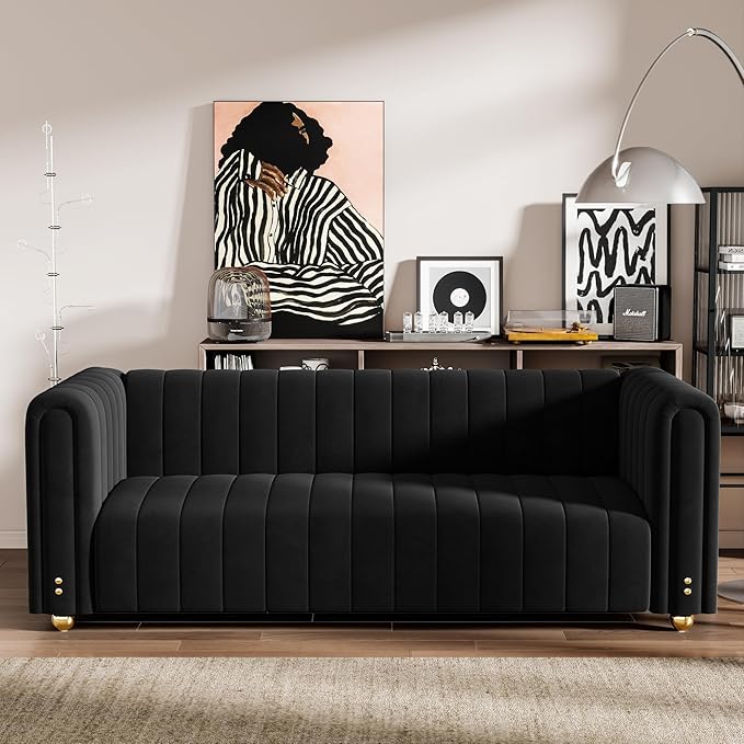 81.3'' Black Velvet Sofa Couch with Gold Metal Ball Legs Modern Mid Century Oversized 3-Seater Loveseat Comfy Couches for Living Room Office and Apartment