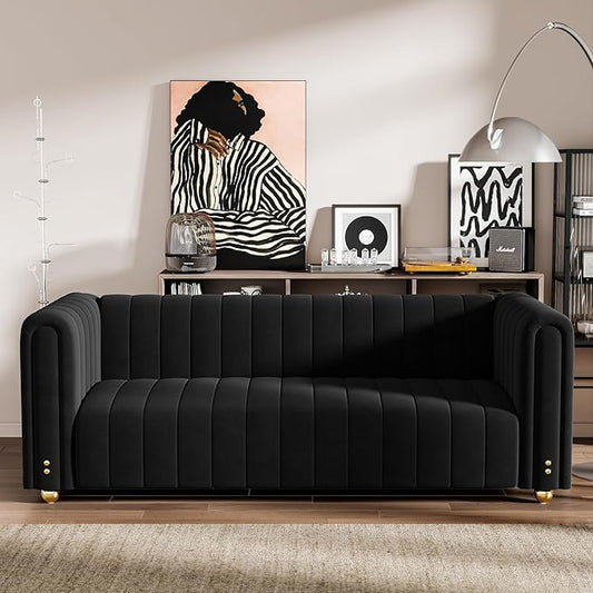 81.3'' Black Velvet Sofa Couch with Gold Metal Ball Legs Modern Mid Century Oversized 3-Seater Loveseat Comfy Couches for Living Room Office and Apartment
