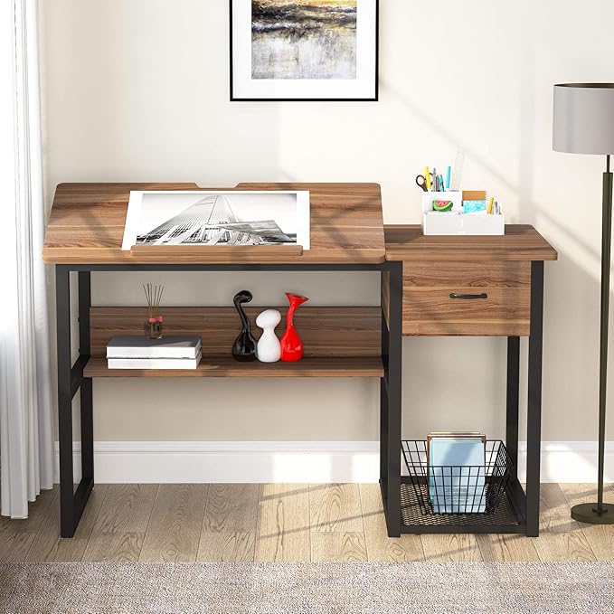 Tribesigns Drafting Table with Storage Drawers Drawing Computer Desk Artist Craft Table Painting Desk Workstation with Shelves and Tiltable Tabletop for Students Home Office