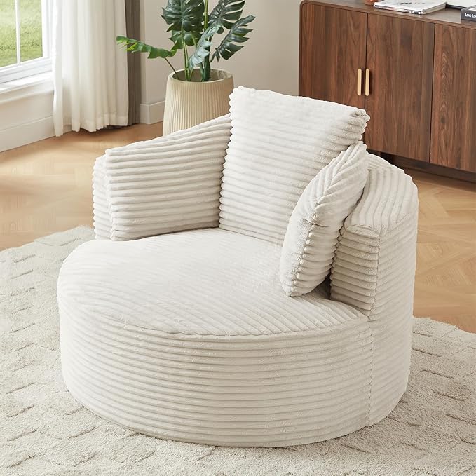 Oversized Round Chair 48W Corduroy Comfy Circle Armchair with Deep Seat &amp 3 Pillows Upholstered Floor Boneless Chair Fluffy Modern Cozy Sofa Chairs for Living Room Bedroom Apartment(White)