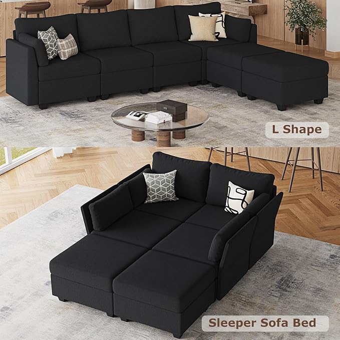 114.17 Modular Sectional Sofa 6 Seat Sectional Couches with Storage Memory Foam Convertible Modular Couch for Living Room U Shaped Comfy Modular Sofa with Chaise Black