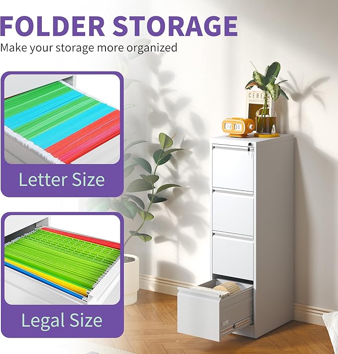 4 Drawer Small File Cabinet with Lock Under Desk Locking Drawers Storage Cabinets Organizer for HomeOffice Metal Vertical Filing for A4 Legal/Letter SizeWhite