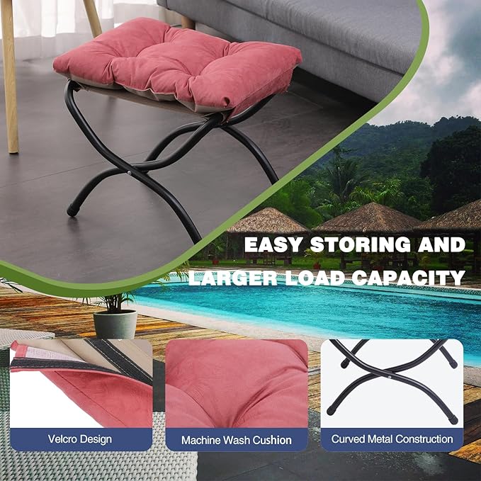 15 Foldable Foot Stool Ottoman with Metal Frame - Washable Red Upholstered Indoor/Outdoor Footrest for Living Room Bedroom Patio - Space-Saving Compact Design