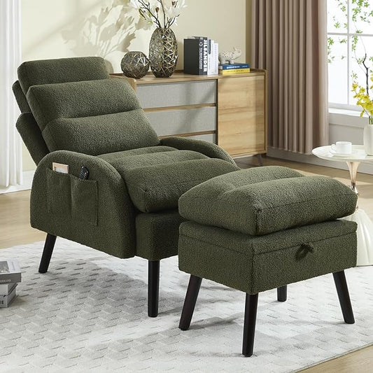 Accent Chair with Ottoman Comfy Reading Chair with Ottoman Set Modern Oversized Velvet Lounge Armchair with Adjustable Backrest for Living Room Bedroom (Teddy Dark Green)