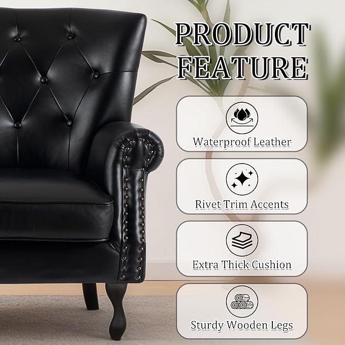 Modern Faux Leather Accent Chair Upholstered Mid-Century Armchair with Solid Wood Legs Single Sofa Chair for Living Room Bedroom or Reading Room（Black）