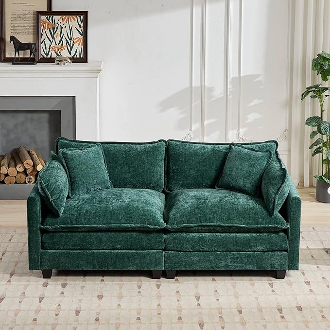 Setawix Modern Modular Sectional Sofa 78 Upholstered Chenille Loveseat Comfy 2-Seater Sofa Oversized Deep Seat Fluffy Cloud Couch with 2 Throw and Arm Pillows for Living Room Bedroom Office Green