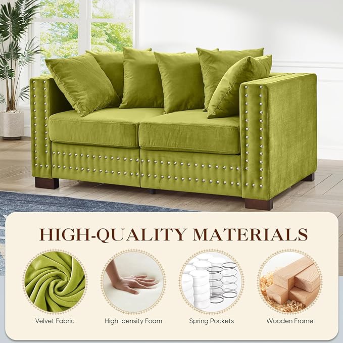 60.5W Loveseat Sofa Velvet Mid Century Modern Couch with Storage Upholstered Deep Seat Chesterfield Couch with Nailhead Trim &amp Pillows 2-Seat Comfy Sofa for Living Room Bedroom Apartment(Gre