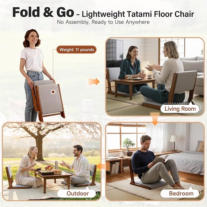 Tiita Floor Chair with Back Support Foldable Meditation Tatami Chairs Backrest Chair with Cushion Living Room Chair Seat 2 Pack Walnut Grey