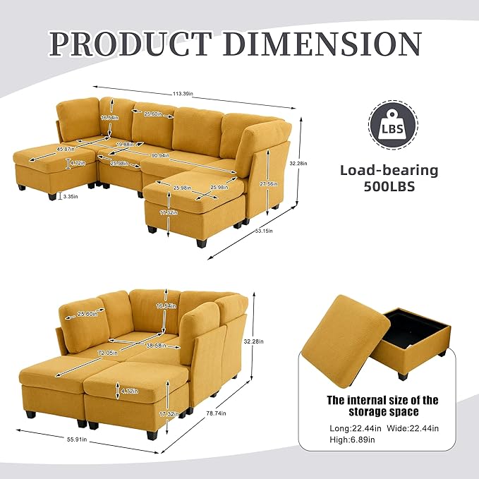 KEIKI 115 U-Shaped Polyester Modular Sectional Sofa with 2 Movable Ottoman &amp Storage Seat Upholstered Convertible Oversized 6-Seater Couch Free Combination Easy Assembly for Living Room Yell