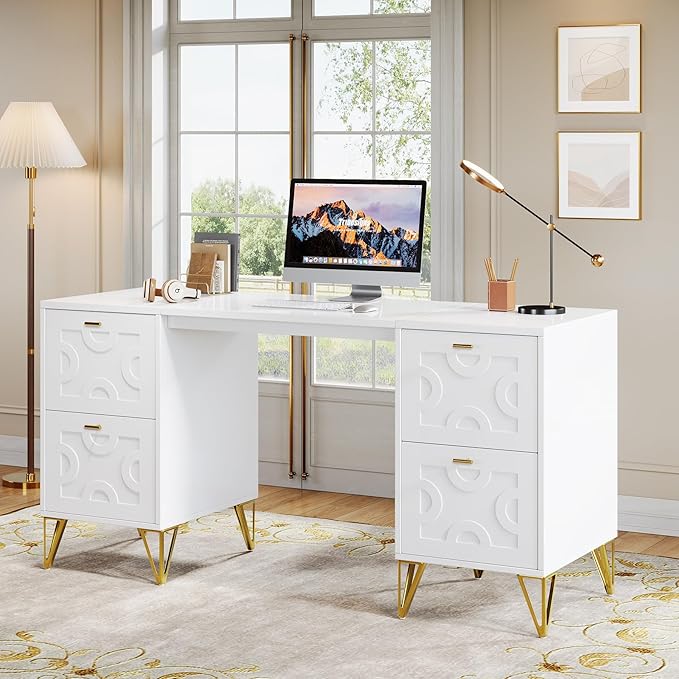 Tribesigns White Executive Desk 59 White and Gold Modern Desk with 4 File Drawers Luxury Writing Table Elegant Computer Office Table for Home Office Study Bedroom