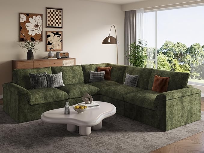 EASE MOOSE Cloud Couch Sectional Sofa L-Shaped Oversized Modular Couch for Living Room Boneless Convertible Couches 5-Seat Deep Sofas for Bedroom Chenille (Green)