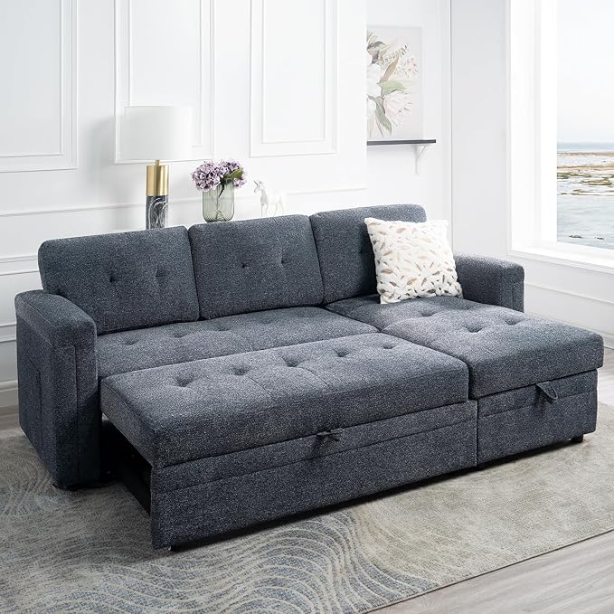Naomi Home Lily Sectional Sleeper Sofa with USB Ports-M-Shaped Couch Convertible Pull-Out Bed Ample StorageTimeless DesignSturdy ConstructionLong-Lasting for Modern Living - Gray Microfiber