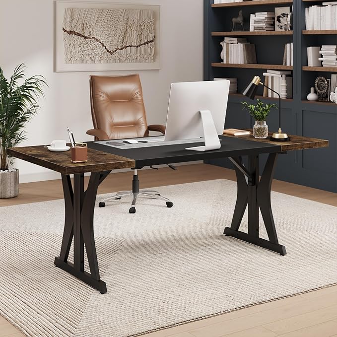 Bestier 70 Inch Large Executive Desk Modern Simple Computer Office Desk with Thickened Desktop Wood Metal Conference Room Table for Home Office Business &amp Writing Rustic Brown