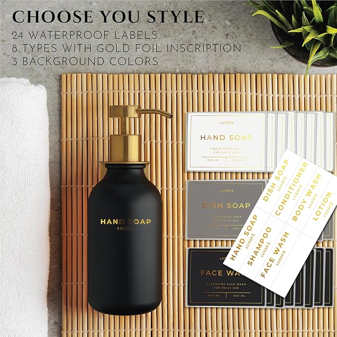 Shower Shampoo Dispenser Wall Mounted – 3 Refillable 16.9 oz Black Bottles with Stainless Steel Pumps &amp No-Drill Adhesive Holders – Soap Dispenser Set for Bathroom (3 X Black/Gold)