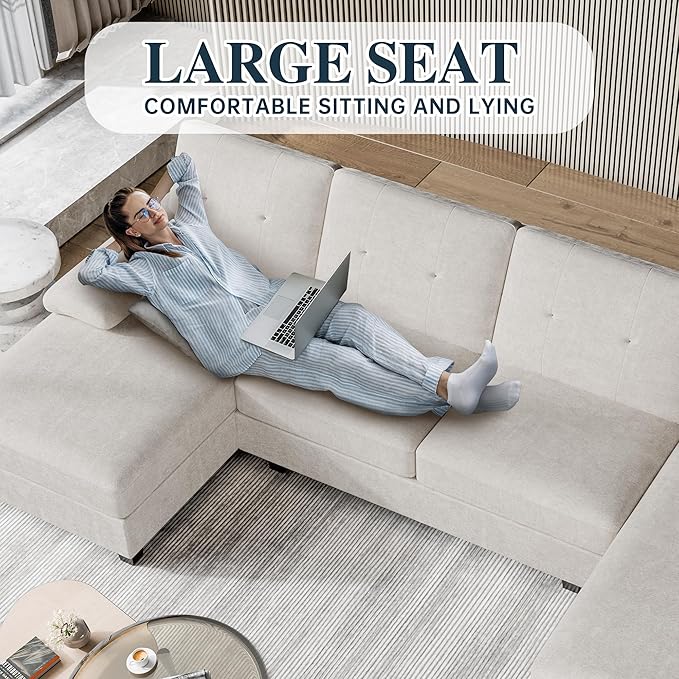Meilocar 106 U Shaped Sectional Sofa for Living Room 4-Seat Fabric Couch with Double Chaise Longue Comfortable Large Sectional with 300lbs Capacity per Seat for Apartment &amp Home Pure White