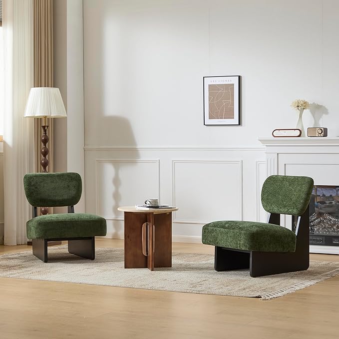 Accent Chairs Set of 2 Mid-Century Modern Chair with Polyester Upholstery Wood Base with Walnut Finish Minimalist and Stylish Accent Seating for Living Room Bedroom Balcony (Black+Green)