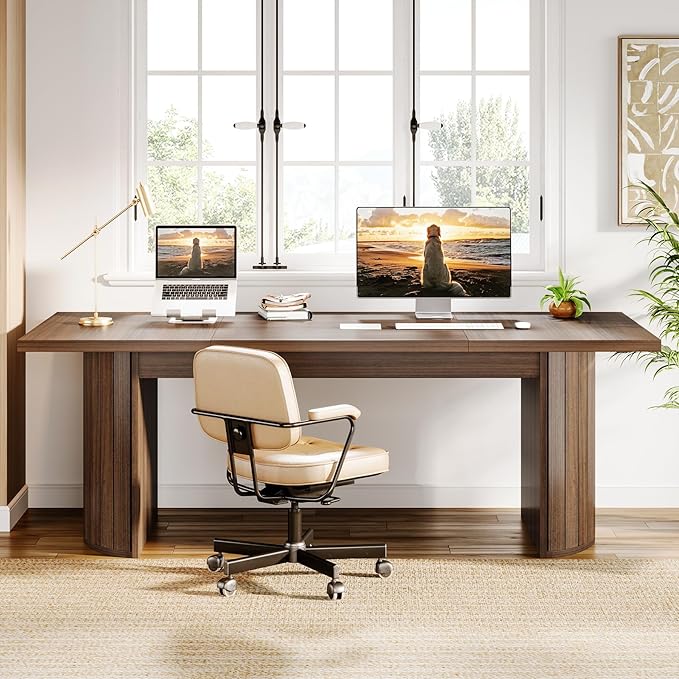 Tribesigns 78.74 Executive Desk Large Farmhouse Computer Office Desk with Double Pedestal Wooden Study Writing Table Workstation Conference Table for Home Office Walnut (Brown)