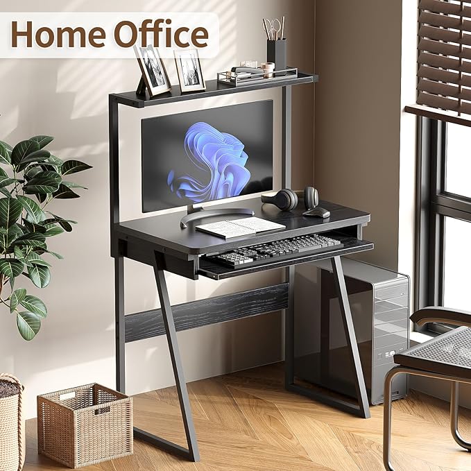 ALISENED 2-Tier Small Computer Desk with Keyboard Tray Compact Laptop Table Workstation Freestanding Ladder Desk Writing Gaming Desk with Storage Hutch for Small Spaces Study Home Office Black