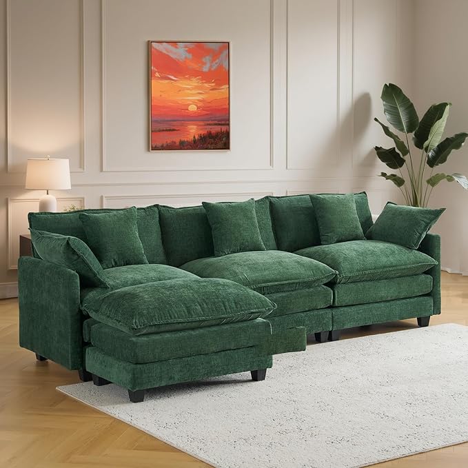 111.4 Modular Sectional Sofa｜Comfy Cloud Couch with Movable Ottoman Deep Seat｜Chenille L Shaped Modular Sofa Sectional Couches for Living Room Bedroom and Apartment｜Green