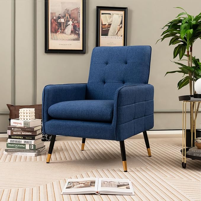 GOFLAME Modern Accent Chair Set of 2 Upholstered Leisure Armchair with Metal Legs Removable Seat Cushion Adjustable Foot Pads Linen Fabric Single Sofa Chair for Living Room Bedroom Office Blue