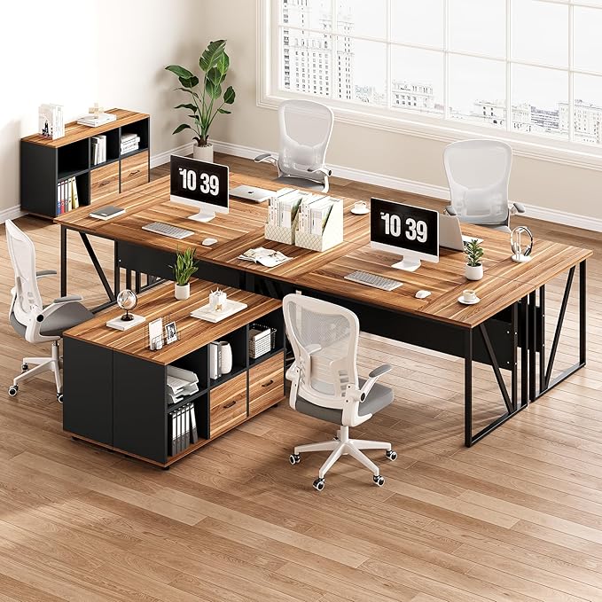 LITTLE TREE 63 Office Desk and 47 File Drawer Cabinet Large Computer Desk Study Writing Desk Workstation for Home Office
