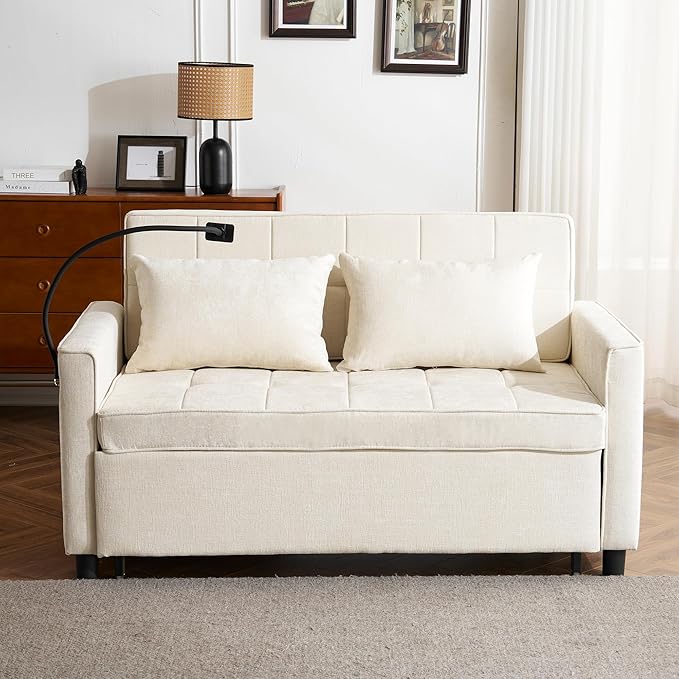 3 in 1 Convertible Sleeper Sofa Bed with Pull-out Bed 61 Chenille Chaise Lounge with 3-level Adjustable Backrest Tufted Loveseat with Phone Holder &amp 2 Soft Pillows for Living Room Apartment Be