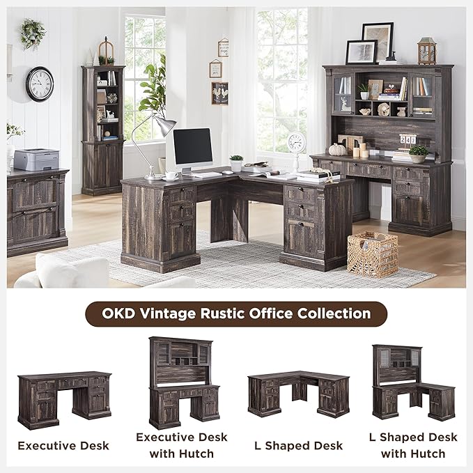 OKD 60 L Shaped Executive Desk with Drawers Farmhouse Home Office Desk with Charging Station File Cabinet Storage Wood Corner Computer Desk for Work and Study Dark Rustic Oak