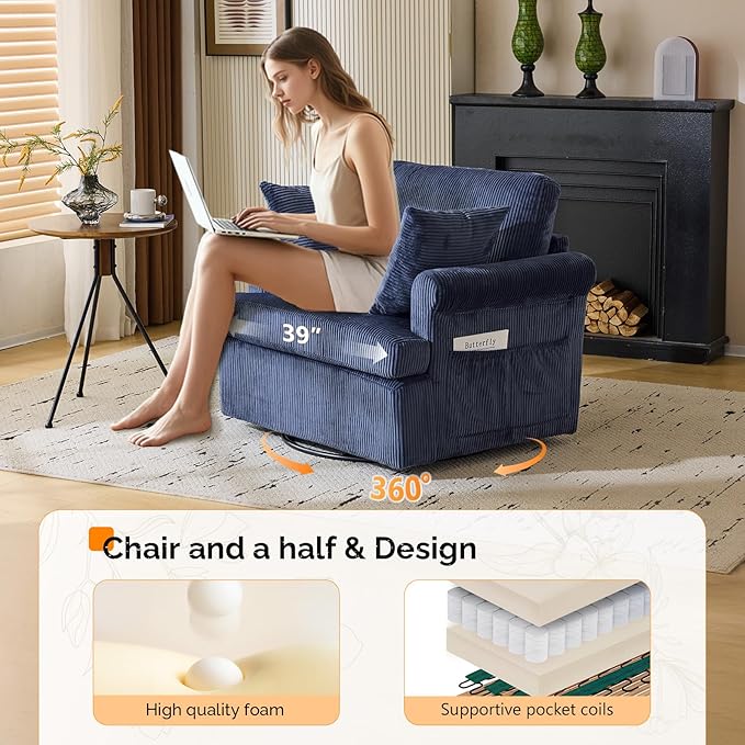 VINGL 39.2 Wide 360° Swivel Accent Armchair with 2 Pillows Oversized Single Sofa Chair and a Half with Side Pockets and Wide armrest for Living Room Bedroom Reading Room Corduroy Blue