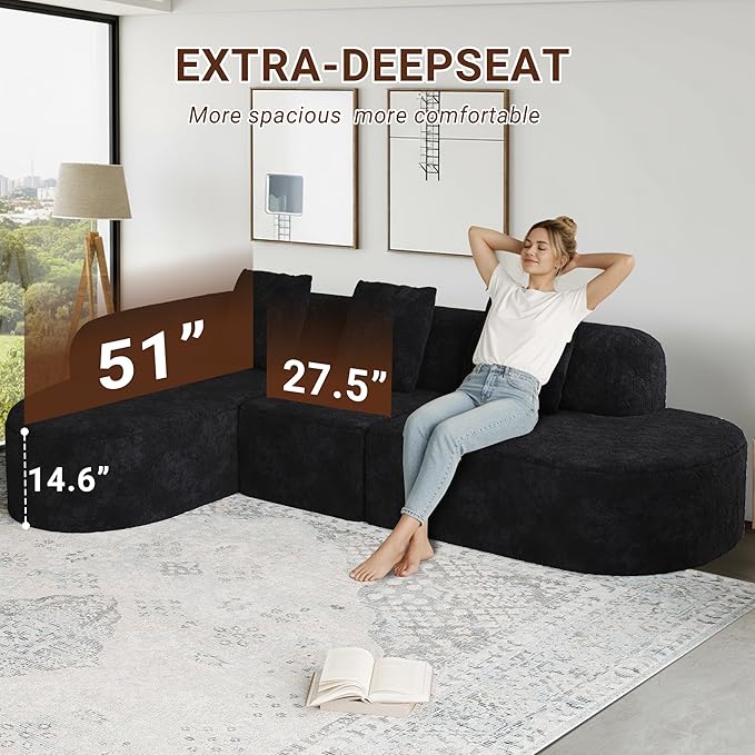 112 L Shaped Curved Sofa Modular Sectional Couch with Chaise Boneless Couch for Living Room Modern Comfy Long-Pile Polyester Fabric Cloud Sofa with Three Pillows No Assembly (Black 112 Left)