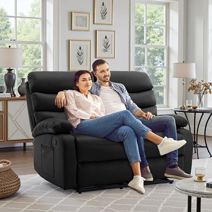 Faux Leather Reclining Loveseat Manual Double Love Seat Recliner RV Loveseat Recliner with Side Pockets for Living Room Home Theater Black